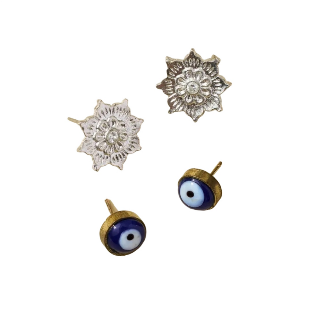 MATR BOOMIE Drishti Evil Eye and Silver Tone Flower Charm Stud Earrings Set of 2